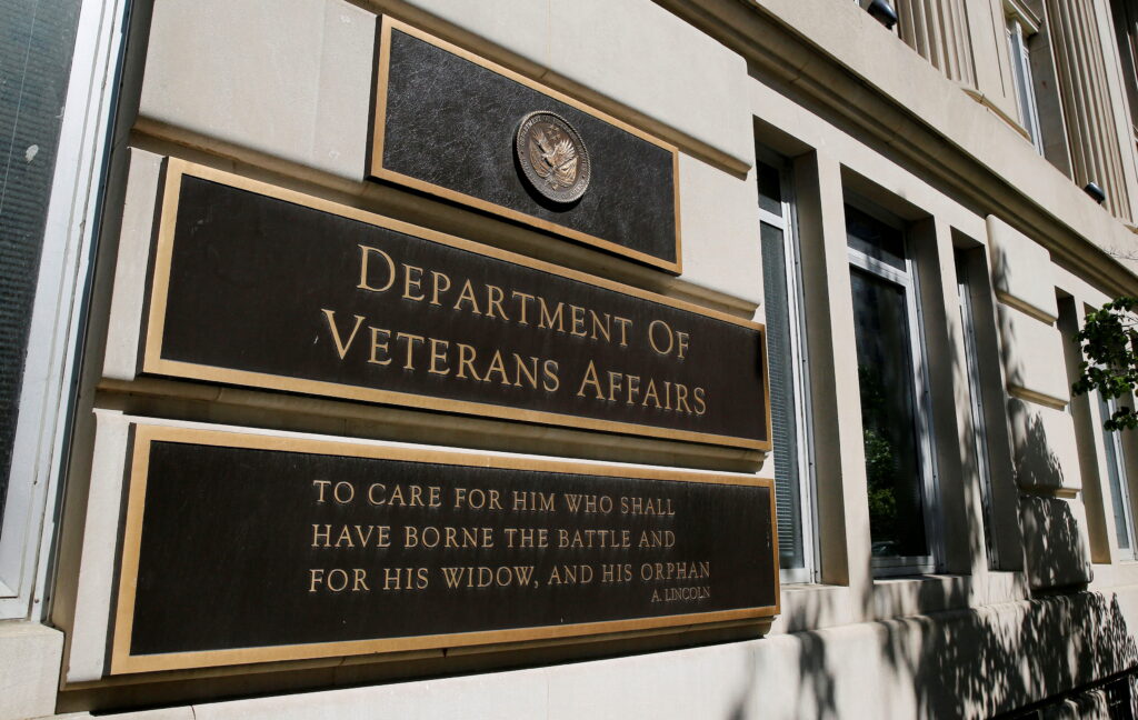 The sign of the Department of Veteran Affairs is seen in front of the headquarters building in Washington