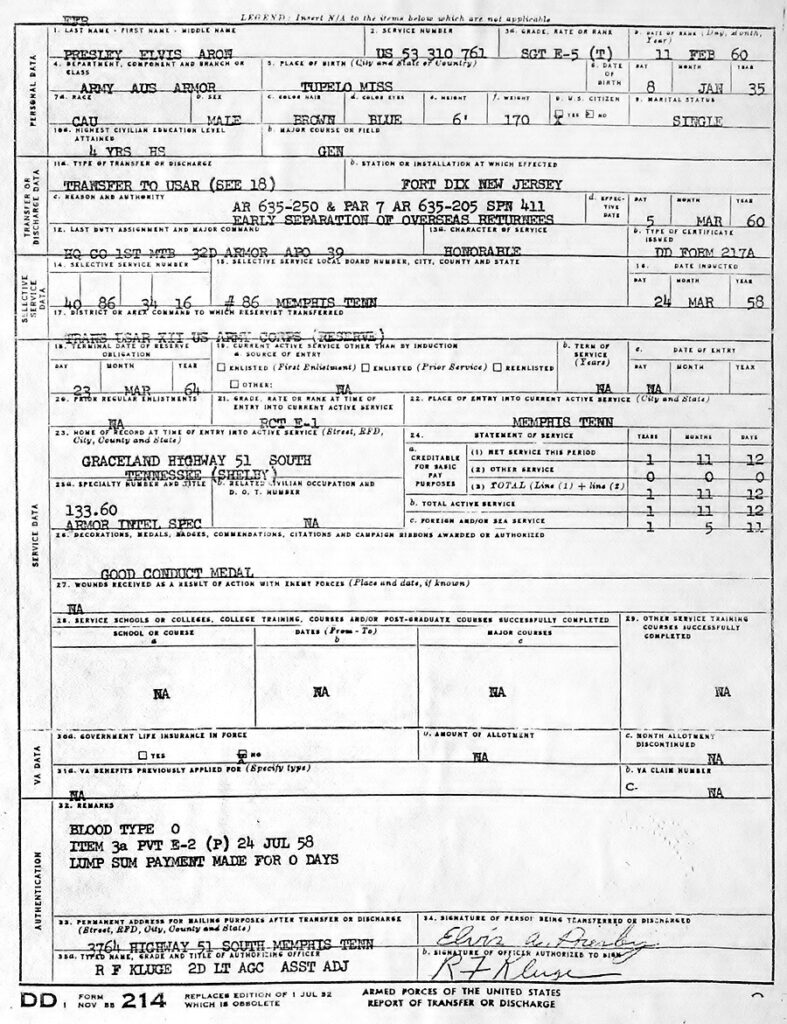 Elvis Presley's DD Form 214