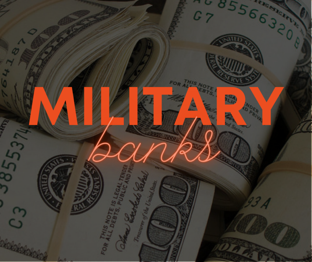 A darkened photo of rolled up hundred dollar bills with the words Military banks super-imposed in orange