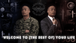 A man in Navy camo stands next to himself in a suit with the words "welcome to the rest of your life" inscribed over the top