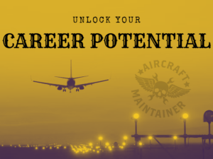 A jet is landing at an airport with a mustard sky behind it. The words "unlock your career potential" are overlayed.